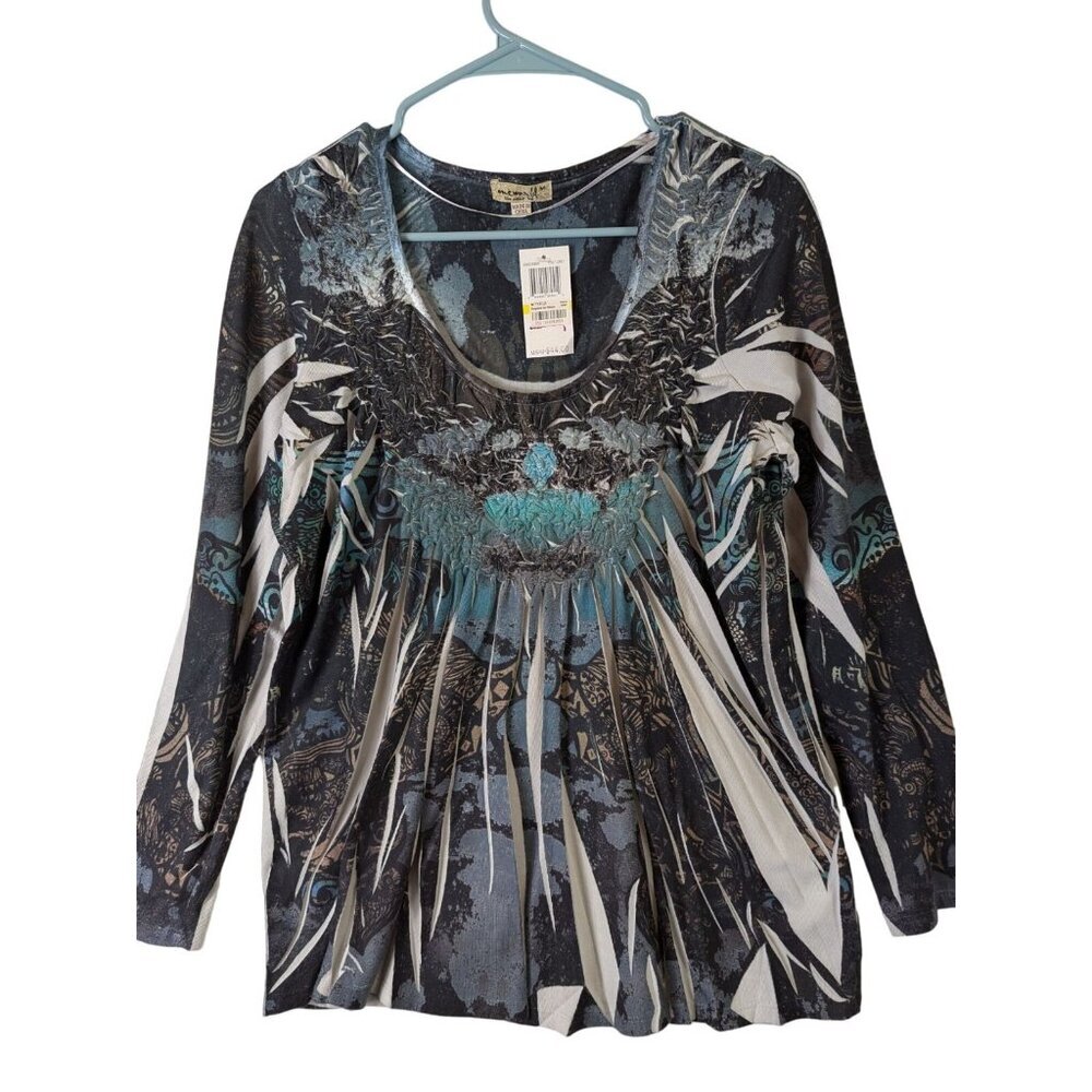 One World Top Women Size M Long Sleeve Floral Gathered Bohemian Flowy Goth Soft